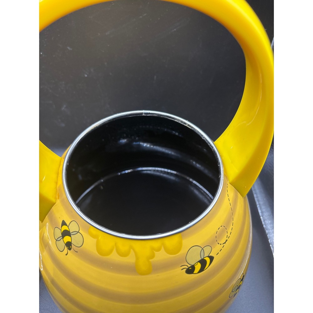 Bumblebee Honey Pot Whistling Tea Kettle Yellow Enamel Stovetop Bee Daisy Design - Picture 5 of 10